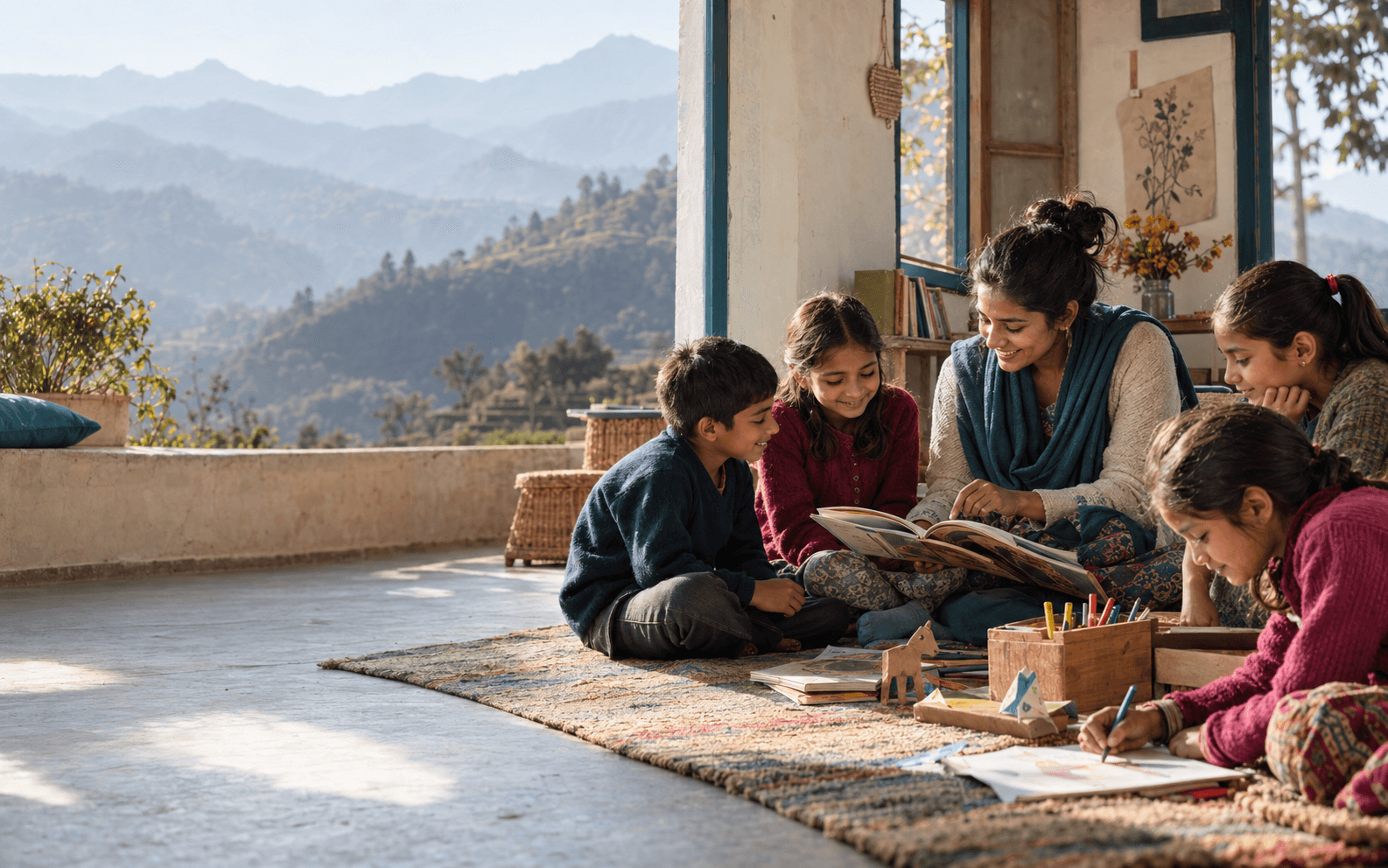 Children learning together with an educator in a community learning space